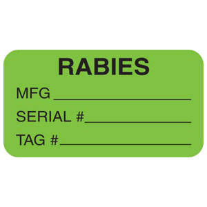 1-5/8"W x 7/8"H Fluorescent Green "RABIES MFG__ SERIAL #__ TAG #__" (560/Roll) -V-AN601
