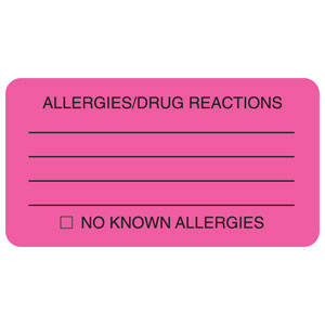 3-1/4"W x 1-3/4"H Fluorescent Pink Allergy Labels "Allergies/Drug Reactions" (250/Roll) - MAP1730