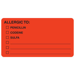 3-1/4"W x 1-3/4"H Fluorescent Red Allergy Labels "Allergic To: Penicillin/Codeine/Sulfa" (250/Roll) - MAP4900