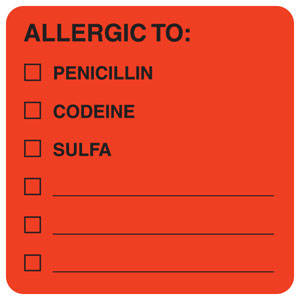 2"W x 2"H Fluorescent Red Allergy Labels "Allergic To: Pecicillin/Codeine/Sulfa" (250/Roll) - MAP4890