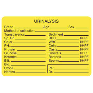 3"W x 2"H Fluorescent Yellow "URINALYSIS BREED__ AGE__ SEX_, Ect." (320/Roll) - V-AN300