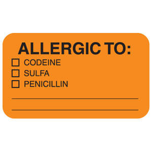 1-1/2"W x 7/8"H Fluorescent Orange Allergy Labels "Allergic To: Codeine/Sulfa/Penicillin" (250/Roll) - MAP4920