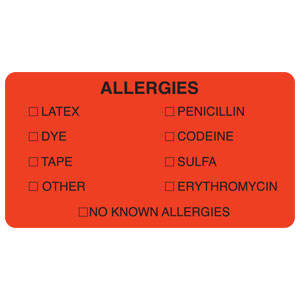 3-1/4"W x 1-3/4"H Fluorescent Red Allergy Labels "Allergies" w/ Different Types" (250/Roll) - MAP3250
